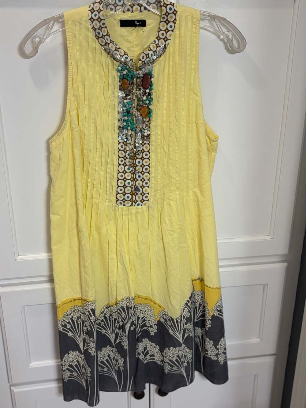 Ryu Boho Yellow Beaded Dress Sleeveless Embellished  Gem Neckline Flowy Midi